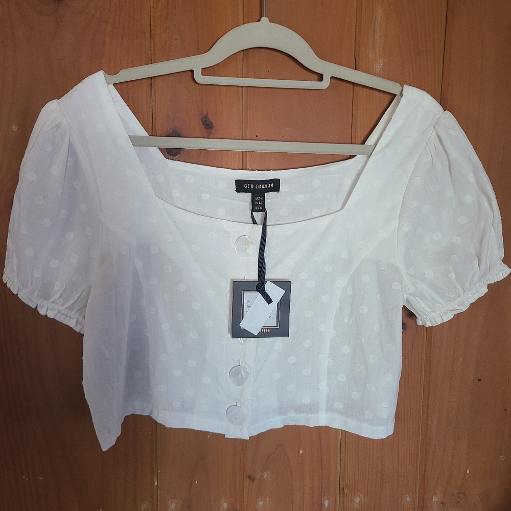 QED London White Button Front Crop Top